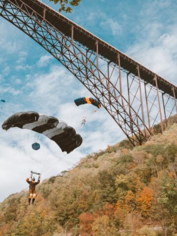 parachuters jumping off bridge with trees